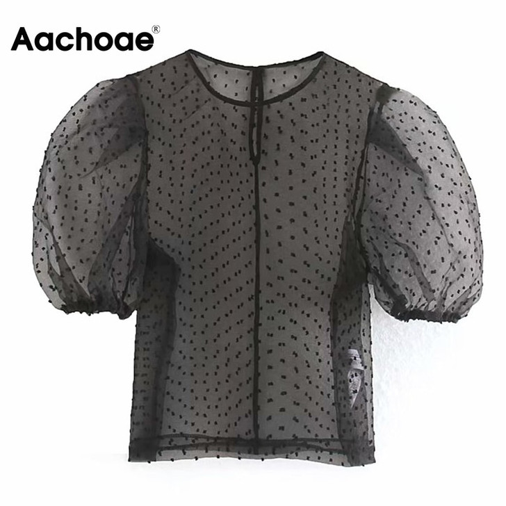 Aachoae Women Dot Print Sexy Organza Blouses O Neck See Through Blouse Shirts 2020 Short Sleeve Transparent Party Blouses Tops|Blouses & Shirts|