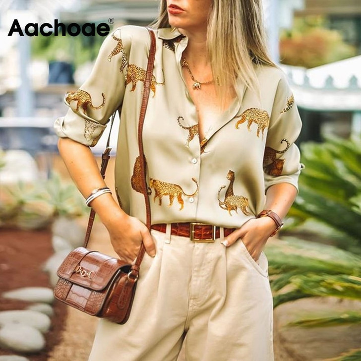 Aachoae Women Blouses Long Sleeve Turn down Collar Casual Tops Leopard Print OL Style Office Shirt Ladies Loose Blouses Blusas|Blouses & Shirts|