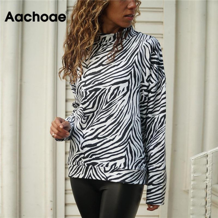 Aachoae 2020 Zebra Print Womens Tops And Blouses Casual Knitted Shirt Stand Collar Long Sleeve Ladies Blouse Top Blusa Mujer|Blouses & Shirts|