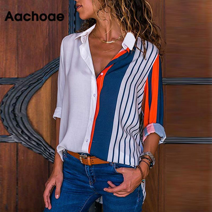 Aachoae Women Striped Blouses Long Sleeve Blouse Turn Down Collar Lady Office Shirt Casual Tops Blusas Blouse et Chemisier Femme|Blouses & Shirts|