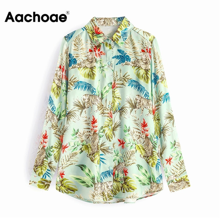 Aachoae Boho Print Long Sleeve Satin Blouse Women Turn Down Collar Holiday Beach Ladies Tops Loose Shirt Tunic Blusas Mujer XS L|Blouses & Shirts|