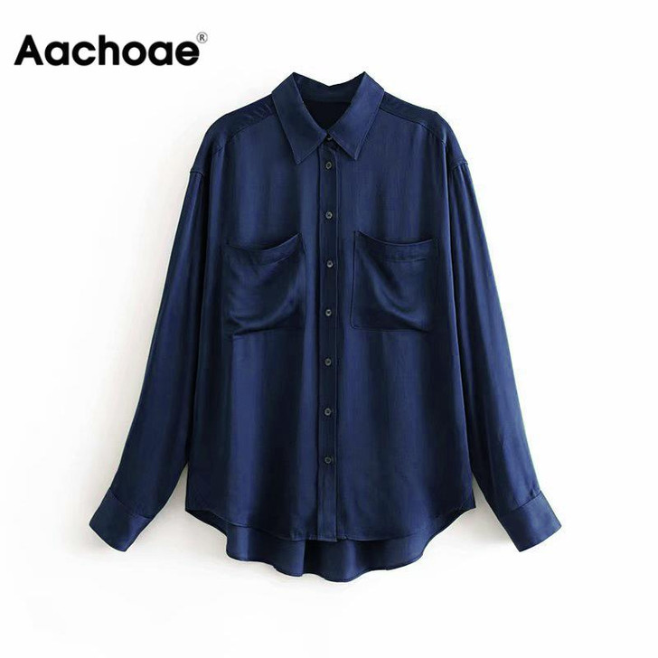 Aachoae Solid Casual Stain Blouse Women Long Sleeve Double Pocket Shirts Female Office Turn Down Collar Blouse Top Blusa Mujer|Blouses & Shirts|