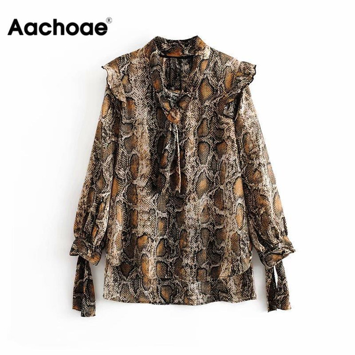 Aachoae Women Snake Print Ruffles Long Sleeve Blouse Bow Tie Collar Streetwear Shirt Lace Up Loose Lady Blouses Autumn Top Mujer|Blouses & Shirts|