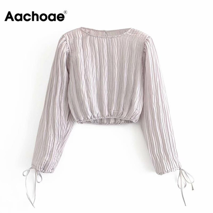 Aachoae Women Chic Solid Pleated Blouse Shirt Fashion Puff Long Sleeve Satin Crop Top Casual O Neck Drawstring Short Blouse Tops|Blouses & Shirts|