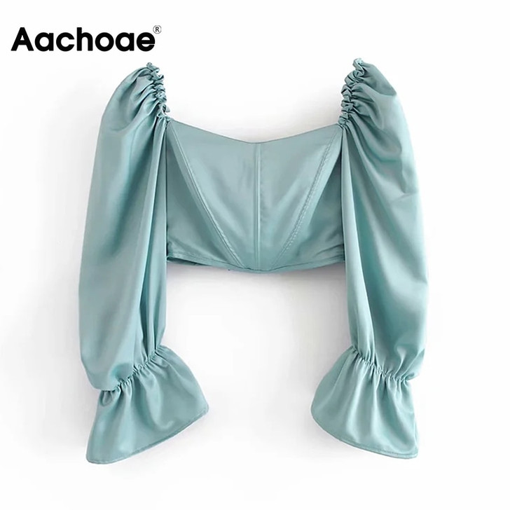 Aachoae Women Stylish Cropped Blouses 2020 Flare Long Sleeve Solid Blouse Ladies Square Collar Sexy Slim Shirt Tops Blusas|Blouses & Shirts|