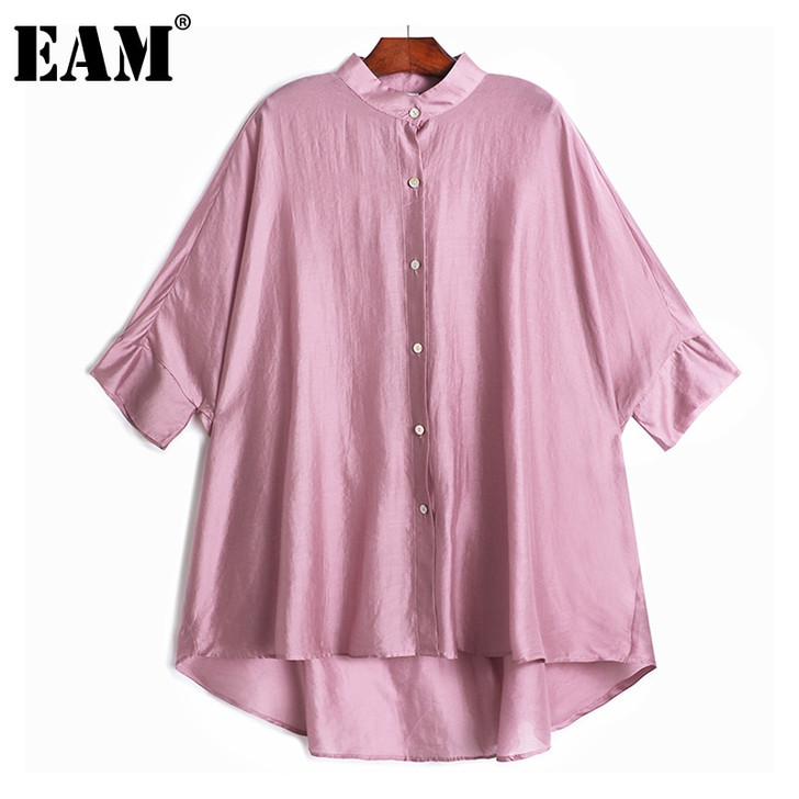 [EAM] Women Black Irregular Big Size Blouse New Stand Collar Three quarter Sleeve Loose Shirt Fashion Spring Autumn 2021 1DA569|Blouses & Shirts|