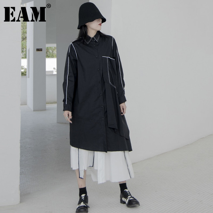 [EAM] Women Black Asymmetric Htem Long Big Size Blouse New Lapel Long Sleeve Loose Fit Fashion Tide Spring Autumn 2021 1DA768|Blouses & Shirts|