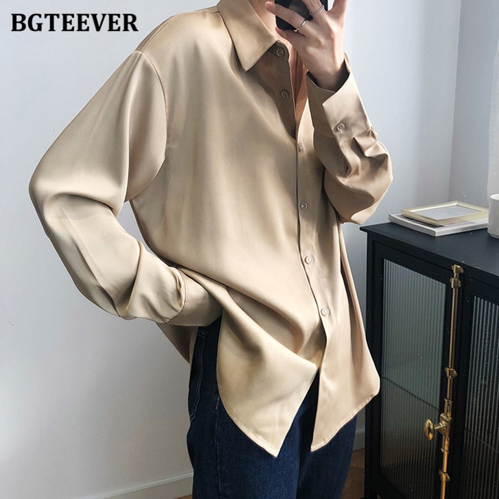 BBTEEVER 2020 New Chic Women Satin Shirts Long Sleeve Solid Turn Down Collar Elegant Office Ladies Workwear Blouses Female|Blouses & Shirts|