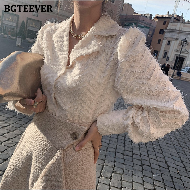 BGTEEVER Elegant Notched Collar Women Tassels Shirts Blouses 2021 Spring New Single breasted Female Workwear Shirts Tops Blusas|Blouses & Shirts|