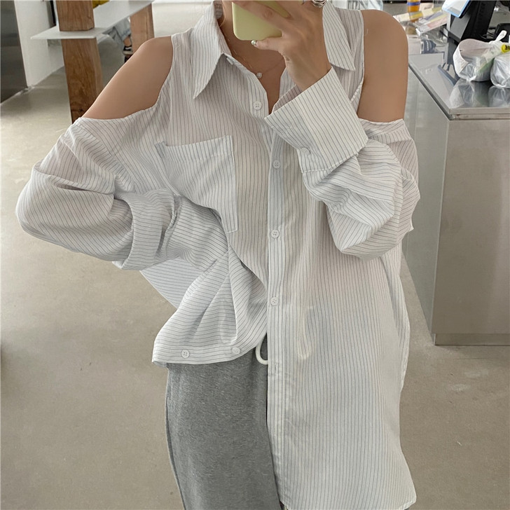 BGTEEVER Chic Cold shoulder Women Striped Blouses Single breasted Loose Female Shirts Tops 2020 Summer Autumn Blusas femme|Blouses & Shirts|
