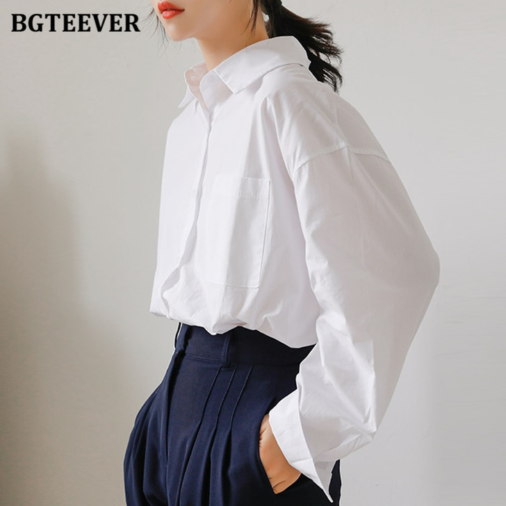 BGTEEVER Spring White Women Shirts Female Blouse Tops Full Sleeve Casual Loose Single breasted Shirts Femme OL Blusas Mujer 2021|Blouses & Shirts|