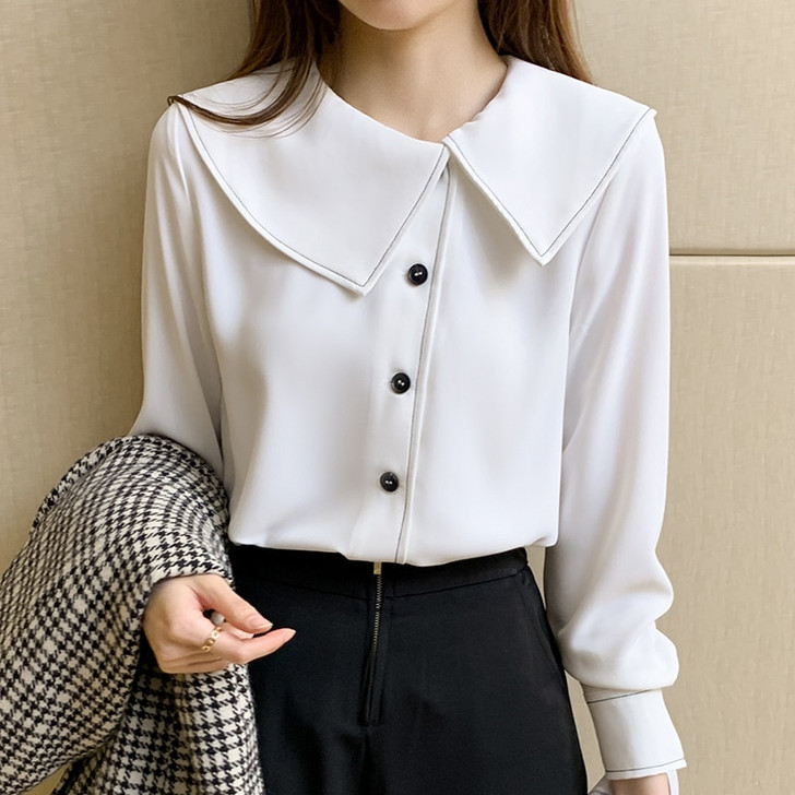 Big Turn Down Collar Chiffon Blouse 2021 Spring Long Sleeve Women's Shirt Single Breasted Fashion White Button Up Blouses & Tops|Blouses & Shirts|