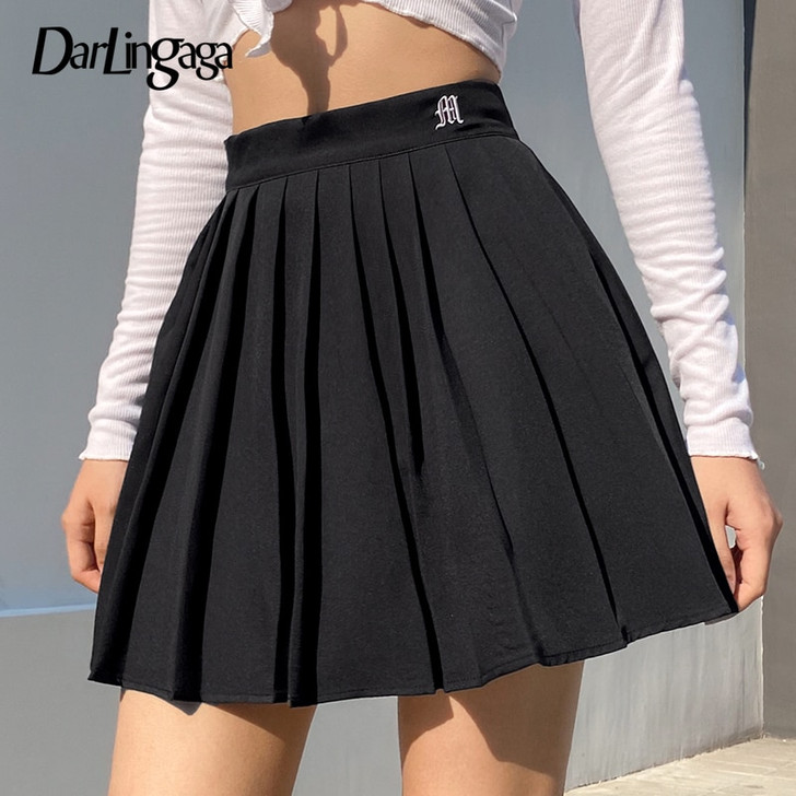 Darlingaga Casual White Letter Embroidery High Waist Woman Skirts y2k Summer Fashion Pleated Skirt Short 2020 Girls Mini Skirt|Skirts|