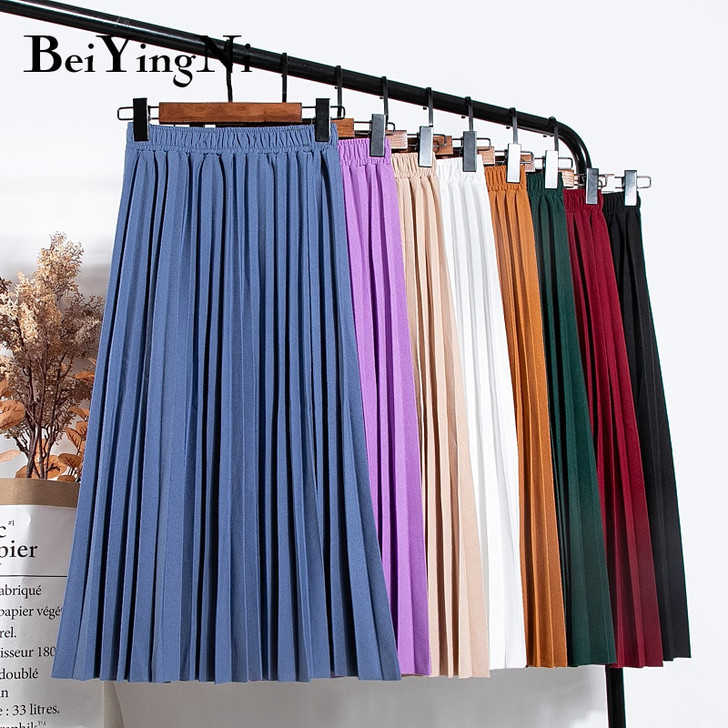 Beiyingni Women Vintage New Fashion Skirt Elastic High Waist Pleated Leisure Retro Skirt Female Streetwear Luxury Faldas Clothes|Skirts|