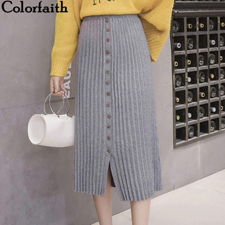 Colorfaith New 2019 Women Knitting Long Skirt Autumn Winter Casual Ladies Pleated Buttons Slit Elegant Skirt Female Girls SK8822|Skirts|