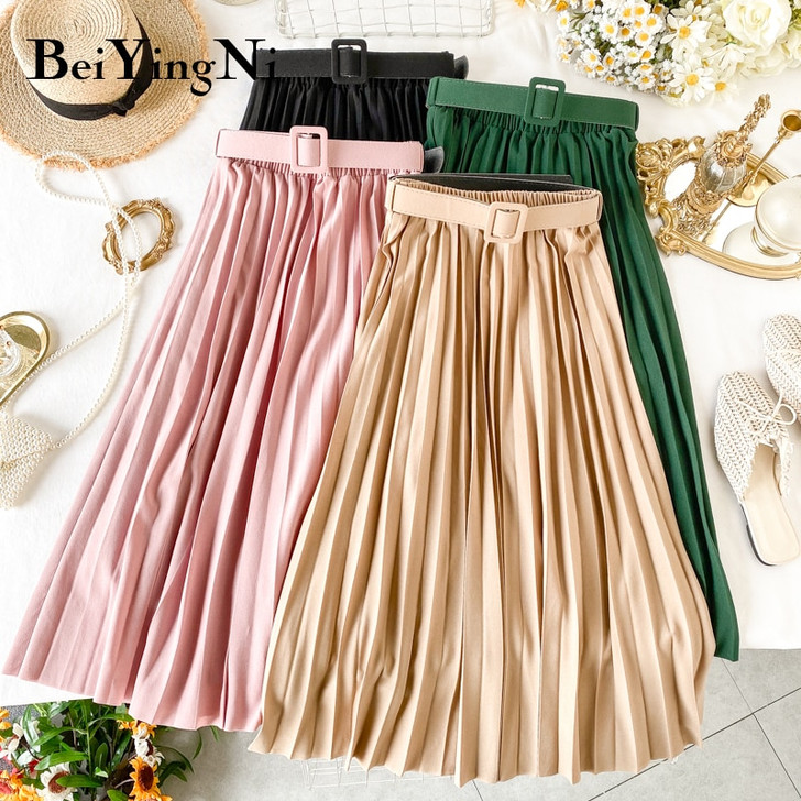 Beiyingni Korean Style Pleated Midi Skirt Women Casual New Fashion High Elastic Waist Skirts Black Pink Elegant Skirt Belt Saias|Skirts|