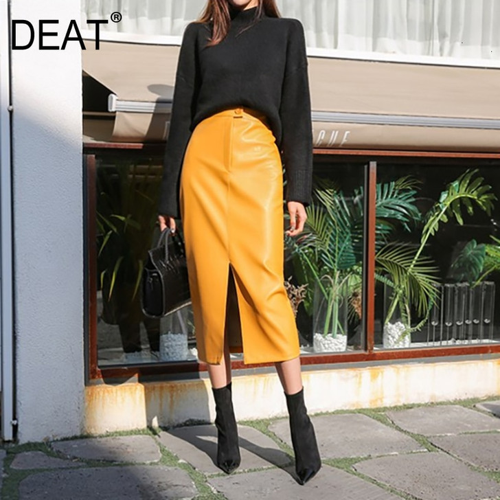 DEAT 2021 Fast Delivery New Fashion Korean Female PU Leather High Quality Mid calf Length Spit Sexy High Waist Skirt AY095|Skirts|