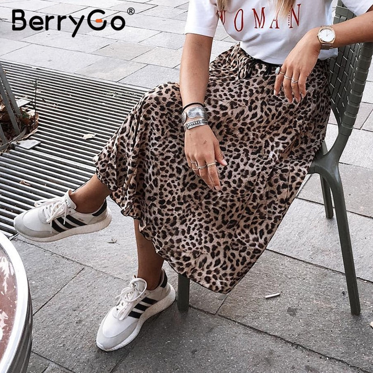 BerryGo Vintage leopard print midi skirt Women punk korean skirt fashion 2018 Sexy high waist ladies pleated retro autumn skirts|Skirts|