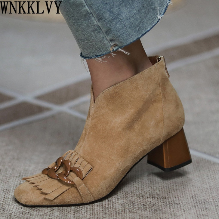 Runway High top Fringe Boots for women suede chunky high heel shoes chain decor ankle botas Elegant spring autumn short boots|Ankle Boots|