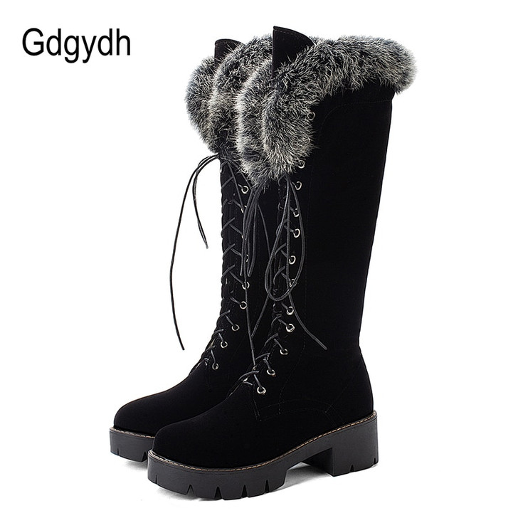 Gdgydh Lace up Winter Shoes Women Snow Boots Real Fur Boots Women Knee High Suede Thick Heel Warm Outdoor With Zip Big Size 43|Knee-High Boots|