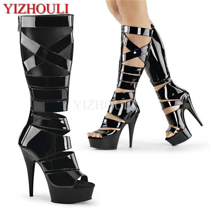 15 cm party stiletto boots, sexy high heels, cross lace up vamp shoes, 6 inch high boot for fashionable female models|Knee-High Boots|