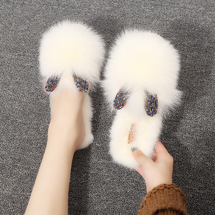 Grand Prix in Spring and Autumn Double Rhinestone Ears Fox Baotou Slippers Flats Semi Trailer Women's Shoes slippers women|Slippers|