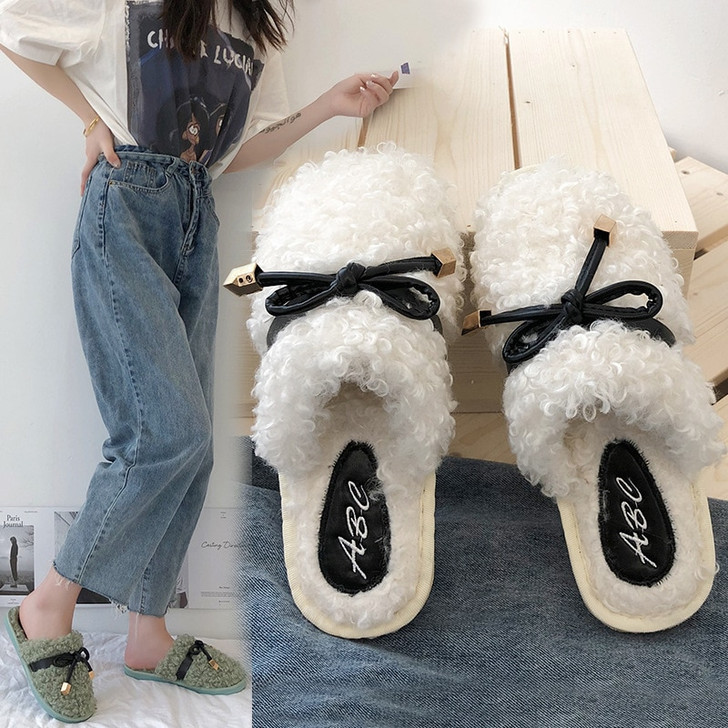 Furry Slippers Women's Autumn and Winter Baotou Bow Non Slip Indoor Warm Cotton Slippers fur sandals mules shoes women|Slippers|