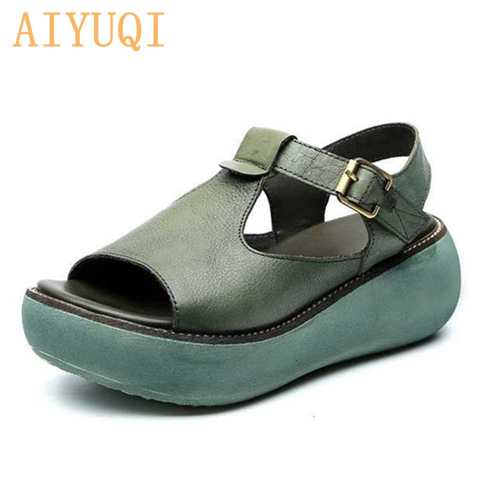 AIYUQI Gladiator sandals women platform 2020 new sandals women genuine leather 100% natural retro casual wedge summer footwear|Middle Heels|