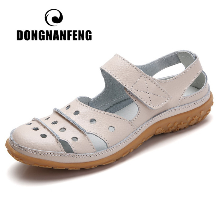 DONGNANFENG Mother Women's Female Ladies Genuine Leather White Shoes Sandals Hook Loop Summer Cool Beach Hollow Soft LLX 9566|Women's Sandals|