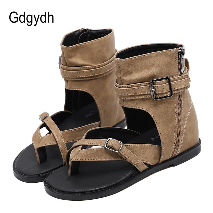 Gdgydh Women Summer Sandals Flip Flop Side Zip Ladies Flat Casual Shoes Ankle Wrap Elegant Rome Summer Shoes Black Good Quality|Low Heels|