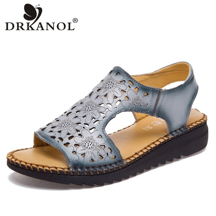 DRKANOL New Vintage Summer Women Wedge Sandals Comfortable Hollow Flowers Open Toe Sandals Women Handmade Genuine Leather Shoes|Middle Heels|