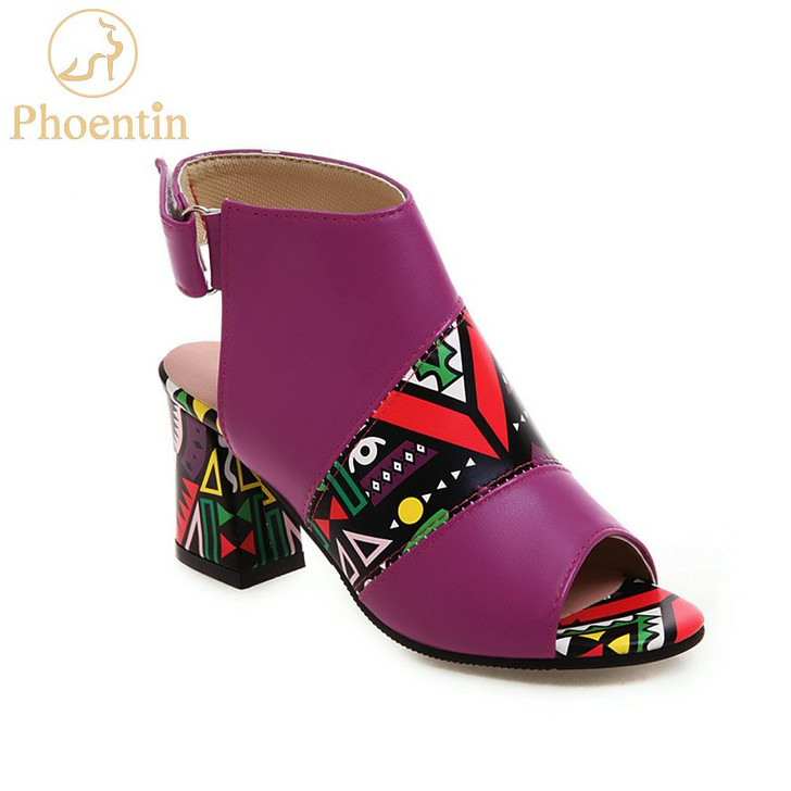 Phoentin geometric printed gladiator sandals women peep toe mixed colors high heels hook & loop closure african shoes 2020 FT726|High Heels|