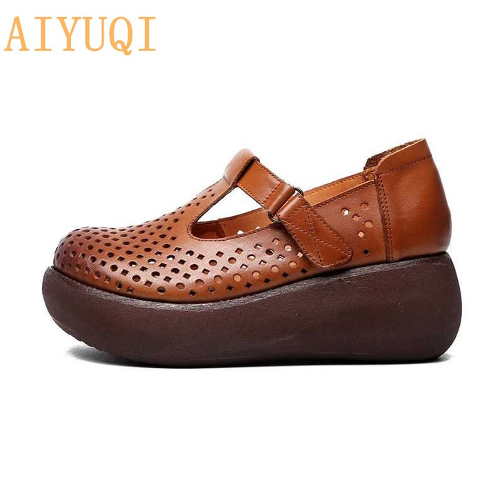 AIYUQI Women sandals platform wedges shoes 2020 new genuine leather women sandals thick bottom vintage,women sandals flat casual|Women's Sandals|