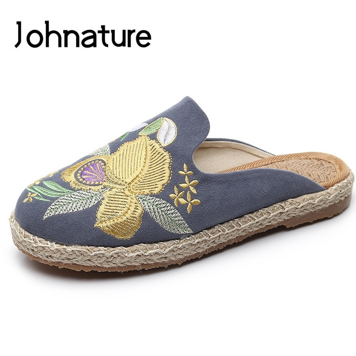 Johnature Canvas Shoes Floral New Summer Outside Embroider Flat With Slides Totem National Style Slippers Women Shoes Sandals|Slippers|