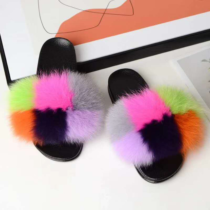 Women's Fashion Real Fox Fur Slippers Korean Style Home Fur Fur Slippers Fur Slides Slippers Women Flip Flops Fluffy Slides|Slippers|
