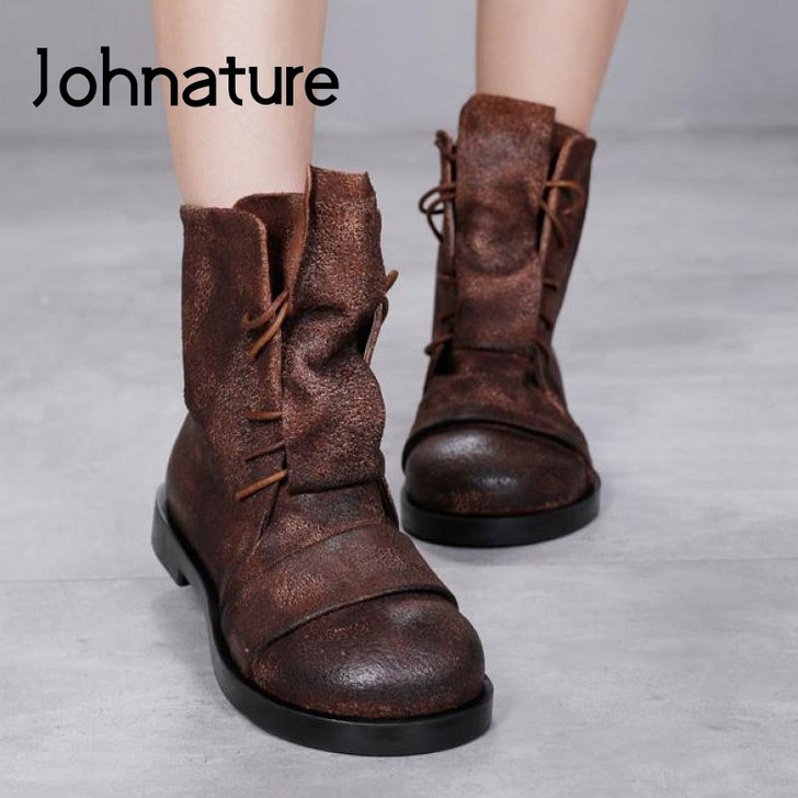 Johnature Winter 2020 New Ankle Platform Boots Genuine Leather Women Shoes Round Toe Flat With Sewing Zip Handmade Women Boots|Ankle Boots|