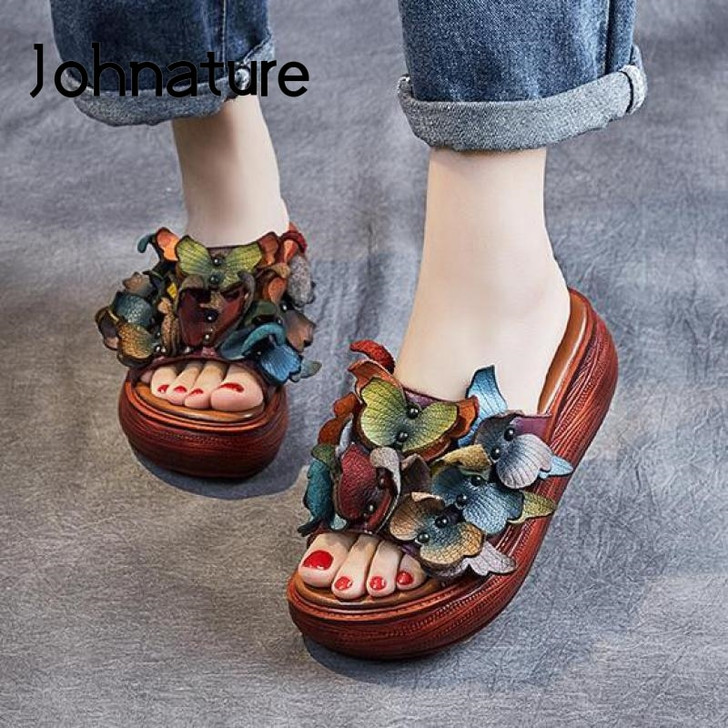 Johnature Summer Women Slippers 2020 New Genuine Leather Women Shoes Slides Floral Wedges Outside Wear Platform Ladies Slippers|Slippers|