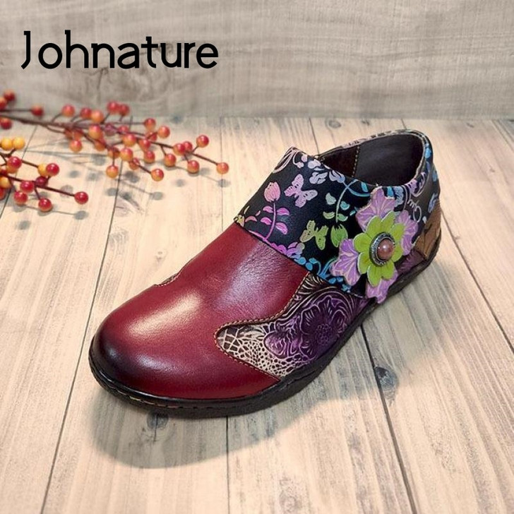 Johnature Autumn Flats Women Shoes 2020 New Genuine Leather Mixed Colors Zip Round Toe Casual Shallow Embossing Ladies Shoes|Women's Flats|