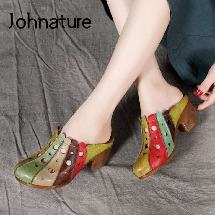 Johnature Women Slippers Genuine Leather 2020 New Summer Women Shoes Sewing Slides Colorful Hollow Handmade Ladies Slippers|Slippers|