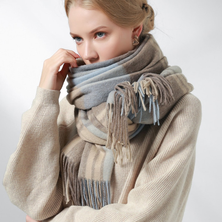 100% Wool Scarf Women Winter Pure Wool Shawls and Wraps Femme Foulard Long Oversize Grey Blue Plaid Cashmere Neck Scarf Echarpe|Women's Scarves|