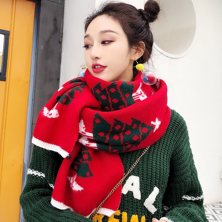 Winter Christmas Scarf Women Cute Thick Bufanda Shawls Wraps Pashmina Ladies Warm Echarpe Red Knitted Scarves Foulard Femme|Women's Scarves|