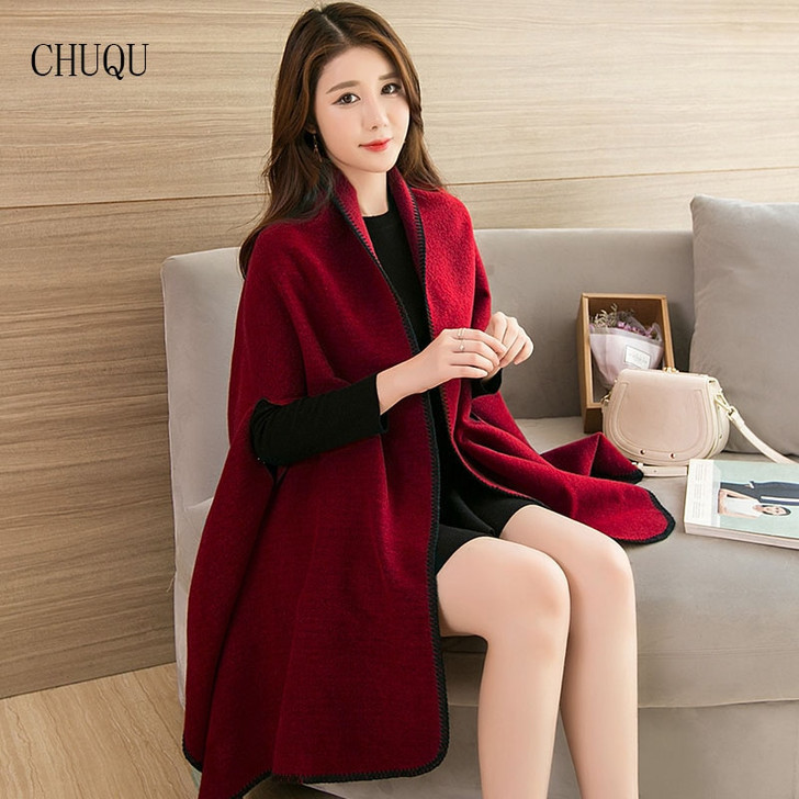 Thick Warm Wraps Faux Cashmere Ponchos Women Winter Capes Knitted Red Shawls and Warps For Ladies Fashion Pashmina Foulard Femme|Women's Scarves|