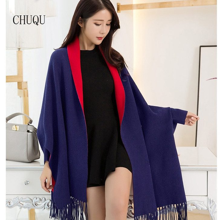 Navy Red Thick Warm Winter Poncho Luxury Shawl and Wraps for Ladies Faux Cashmere Solid Tassel Poncho and Capes With sleeves|Women's Scarves|