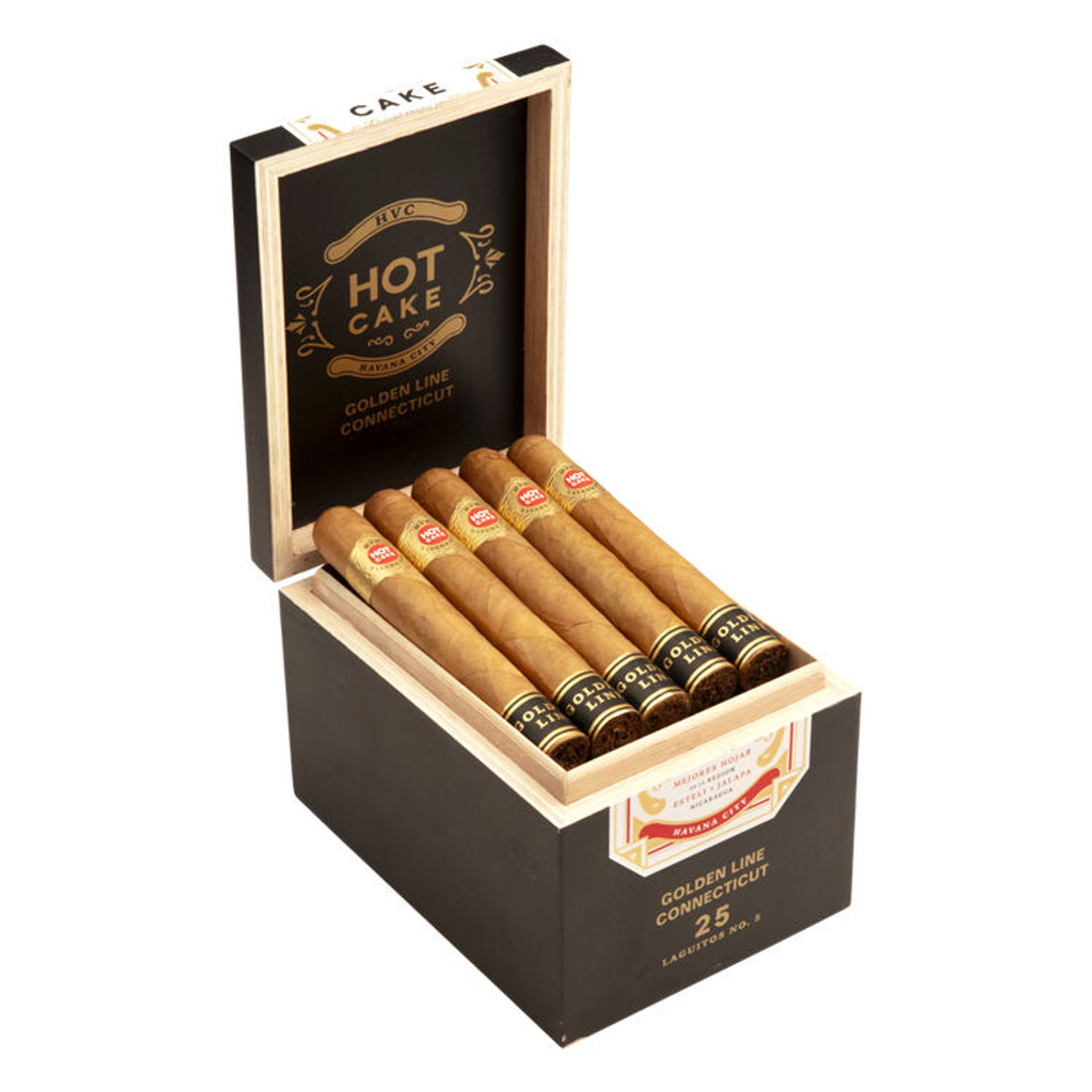 HVC Hot Cake Golden Line Connecticut Laguito No. 5 Cigars - 6 x 54 (Box of 25) Open