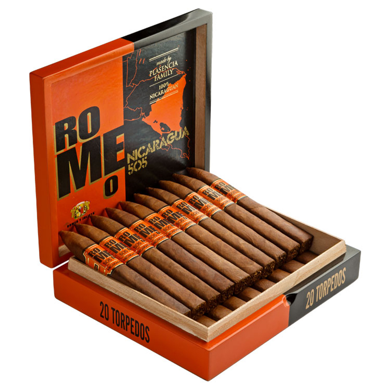 Romeo 505 Nicaragua by Romeo y Julieta Piramide Cigars - 6.5 x 54 (Box of 20) Open