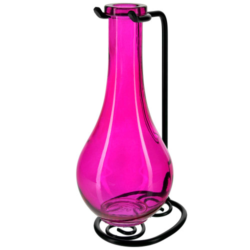 Drop Recycled Glass Vase & Metal Stand - Fuchsia