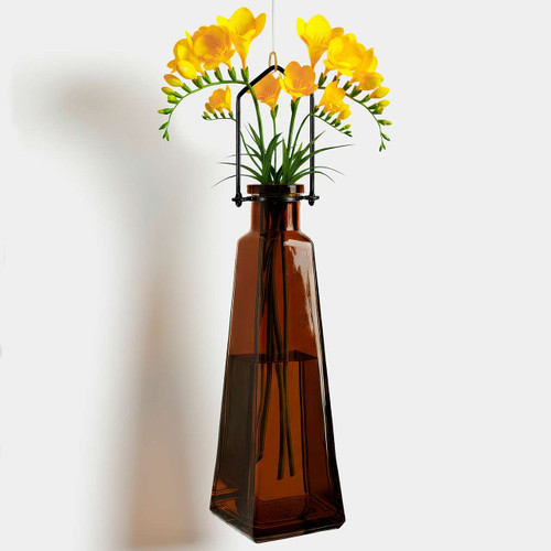 Hanging Propagation Vase, Pyramid, Dark Amber with Freesia