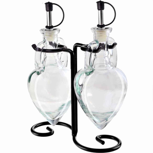 Amphora Double Oil & Vinegar Glass Cruet Set w/ Stand