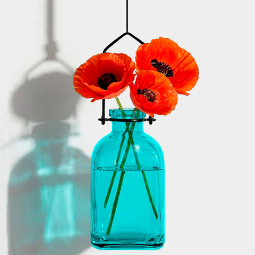 Hanging Propagation Vase, Roma, Aqua with Poppies