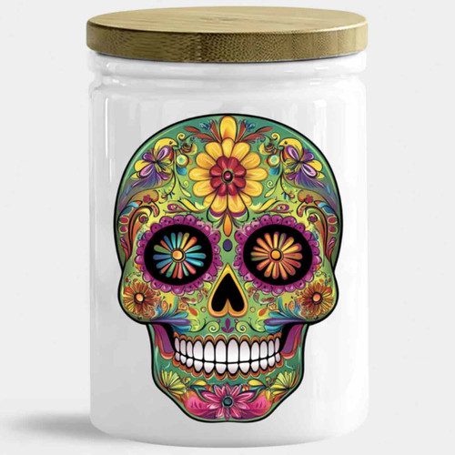Bloom Sugar Skull Glass Jar w/ Lid, 12 oz, Glossy White